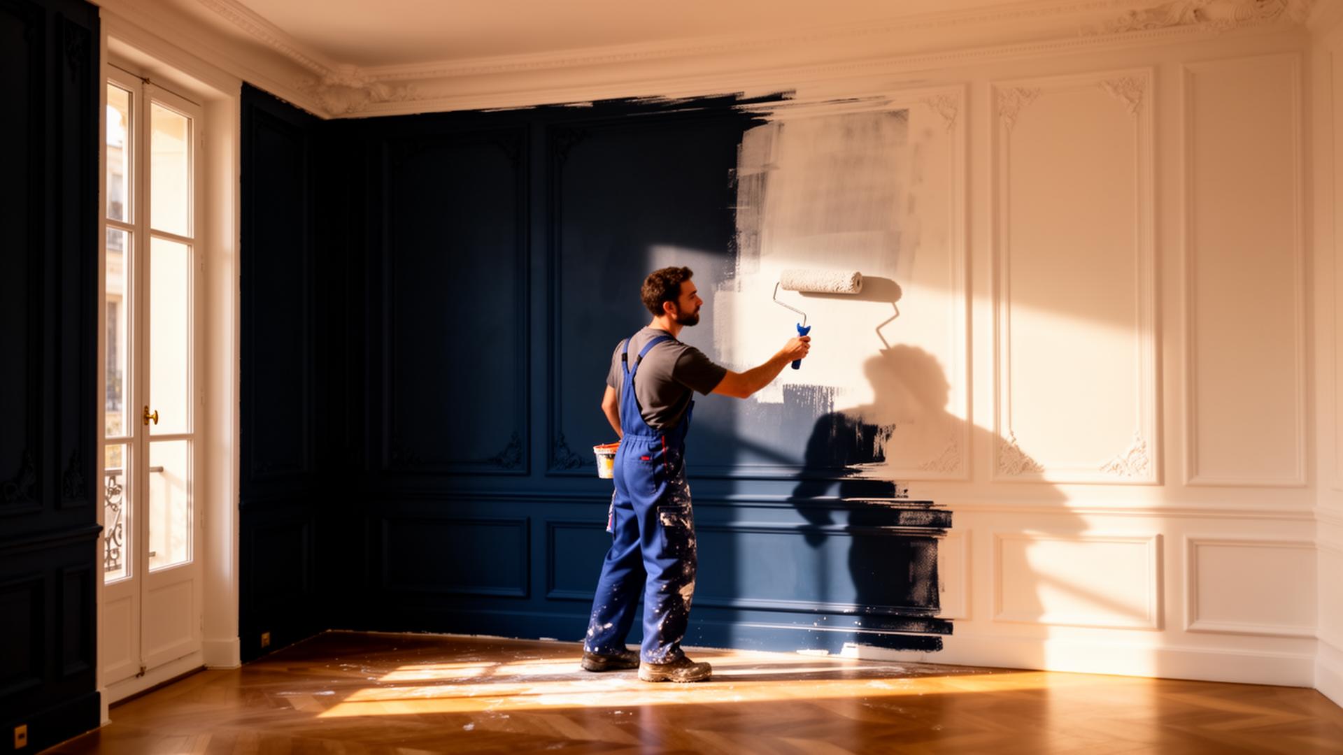 Artisan en train de peindre un appartement parisien